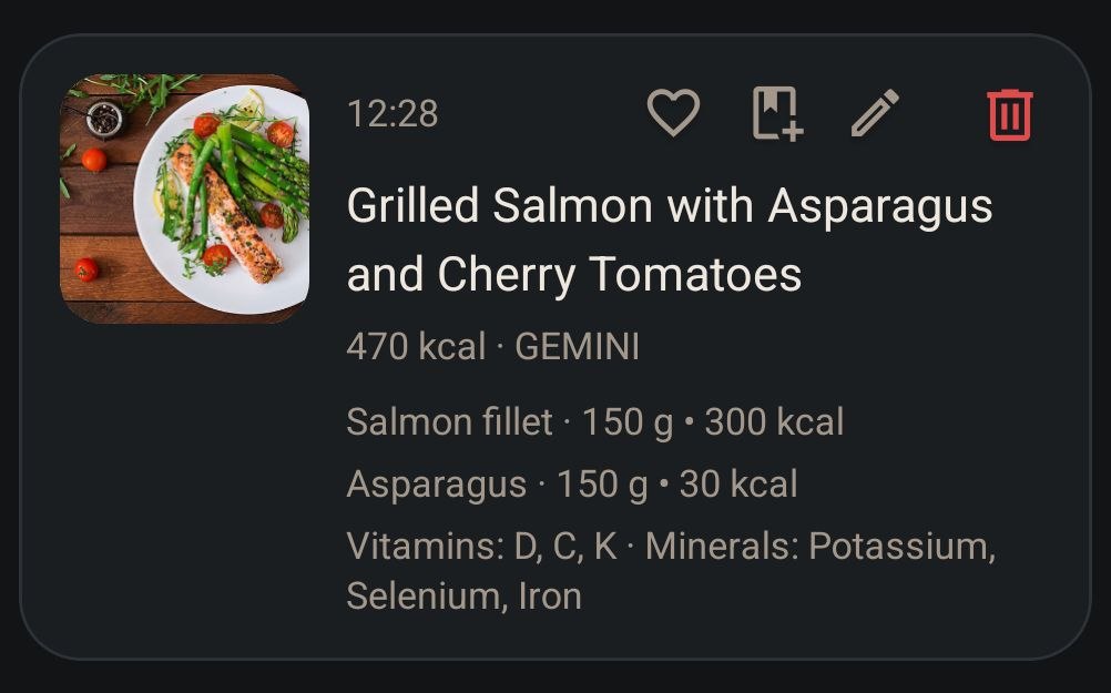 Food Radar analysis result for grilled salmon with asparagus and cherry tomatoes